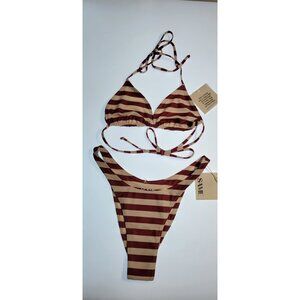SAME Los Angeles Striped Bikini Set Burgundy Beige Triangle Top Size Medium
